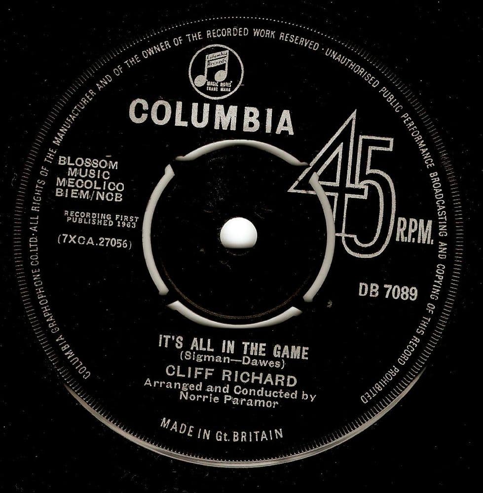 CLIFF RICHARD It's All In The Game Vinyl Record 7 Inch Columbia 1963.