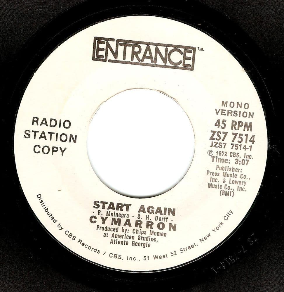 CYMARRON Start Again Vinyl Record 7 Inch US Entrance 1972 Promo
