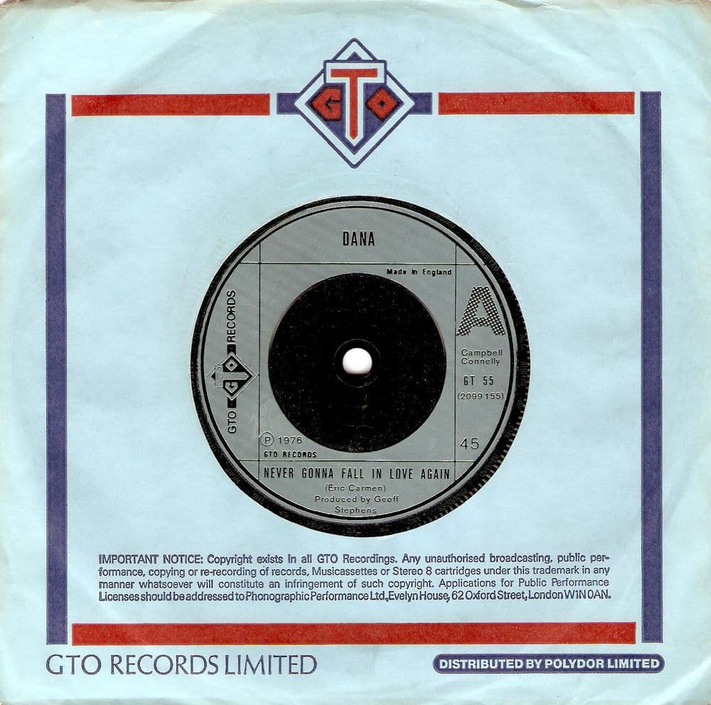 DANA Never Gonna Fall In Love Again Vinyl Record 7 Inch GTO 1976