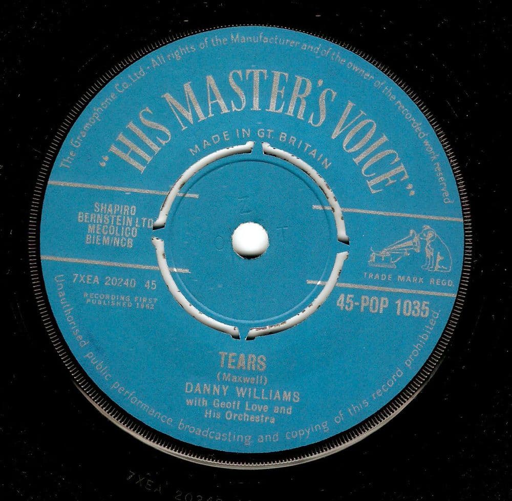 DANNY WILLIAMS Tears Vinyl Record 7 Inch HMV 1962