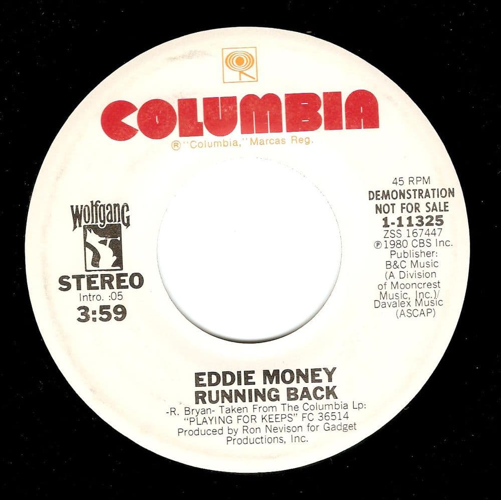 EDDIE MONEY Running Back Vinyl Record 7 Inch US Columbia 1980 Demo