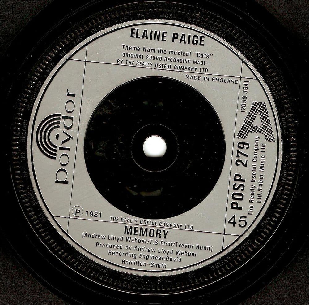 ELAINE PAIGE Memory Vinyl Record 7 Inch Polydor 1981