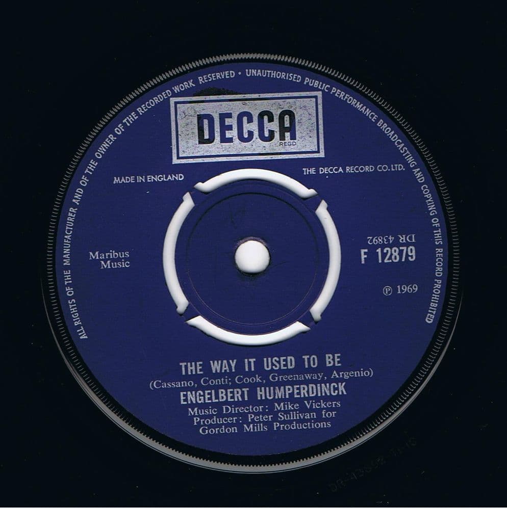 ENGELBERT HUMPERDINCK The Way It Used To Be Vinyl Record 7 Inch Decca 1969