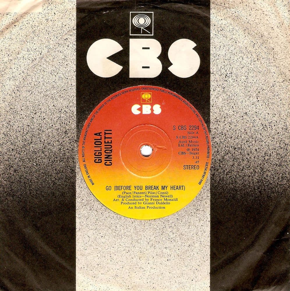 GIGLIOLA CINQUETTI Go (Before You Break My Heart) Vinyl Record 7 Inch CBS 1974