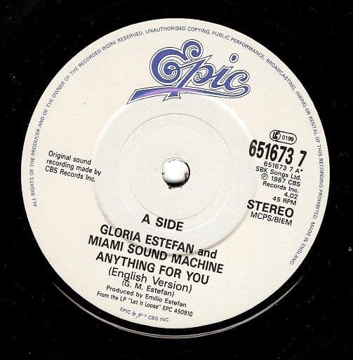 GLORIA ESTEFAN Anything For You Vinyl Record 7 Inch Epic 1988.