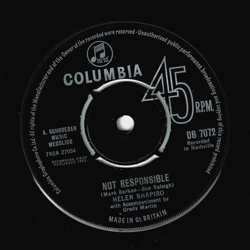 HELEN SHAPIRO Not Responsible Vinyl Record 7 Inch Columbia 1963