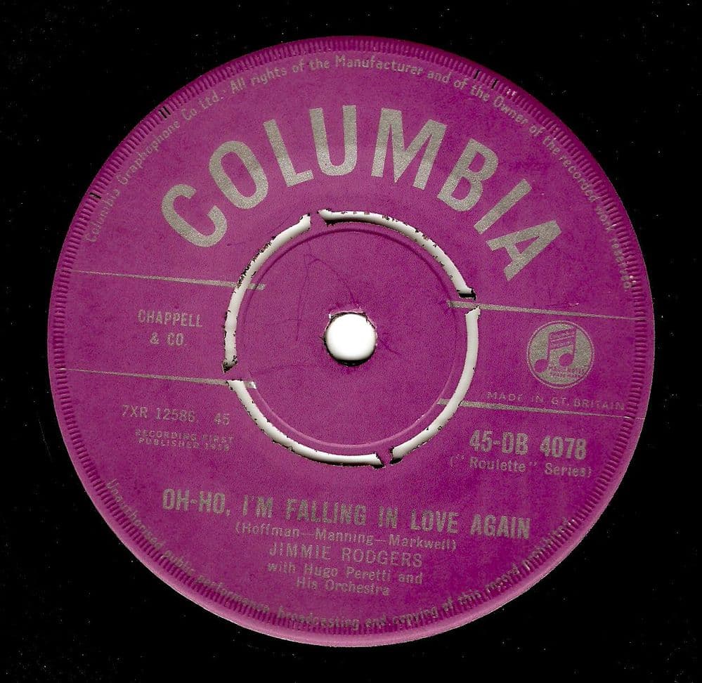JIMMIE RODGERS Oh-No, I'm Falling In Love Again Vinyl Record 7 Inch Columbia 1958