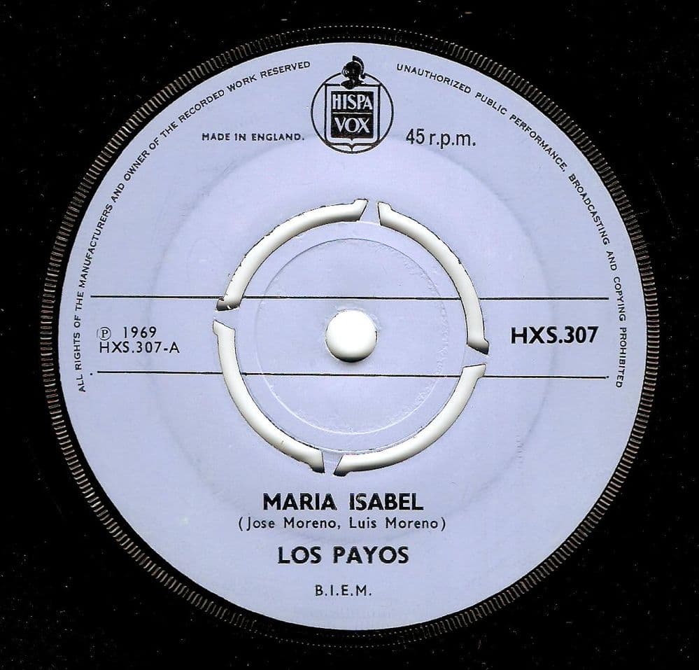 LOS PAYOS Maria Isabel Vinyl Record 7 Inch Hispa Vox 1969
