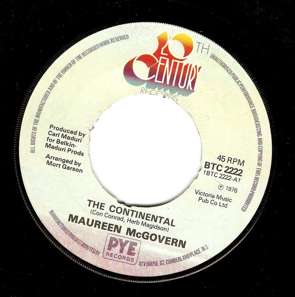 MAUREEN McGOVERN The Continental Vinyl Record 7 Inch 20th Century 1976