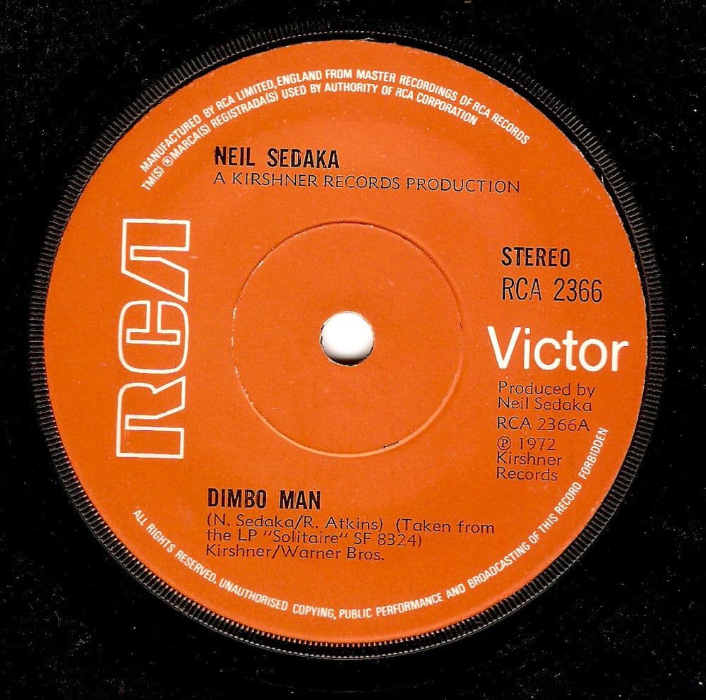 NEIL SEDAKA Dimbo Man Vinyl Record 7 Inch RCA Victor 1972