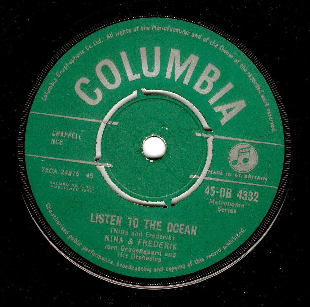 NINA AND FREDERIK Listen To The Ocean Vinyl Record 7 Inch Columbia 1959