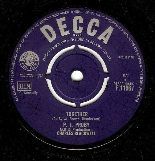 P. J. PROBY Together Vinyl Record 7 Inch Decca 1964.