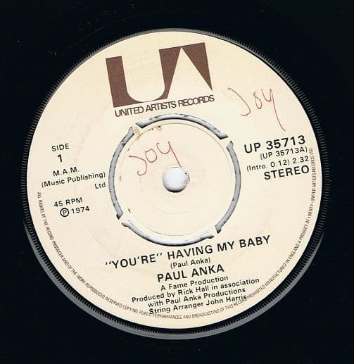 PAUL ANKA (You're) Having My Baby Vinyl Record 7 Inch United Artists 1974