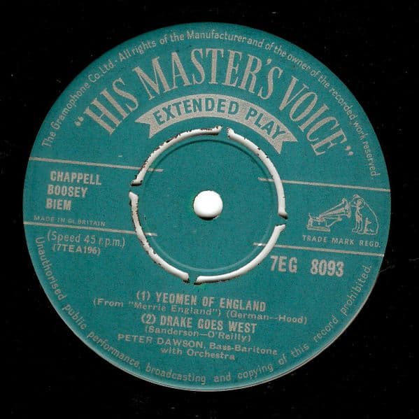 PETER DAWSON Songs Of England EP Vinyl Record 7 Inch HMV 1955
