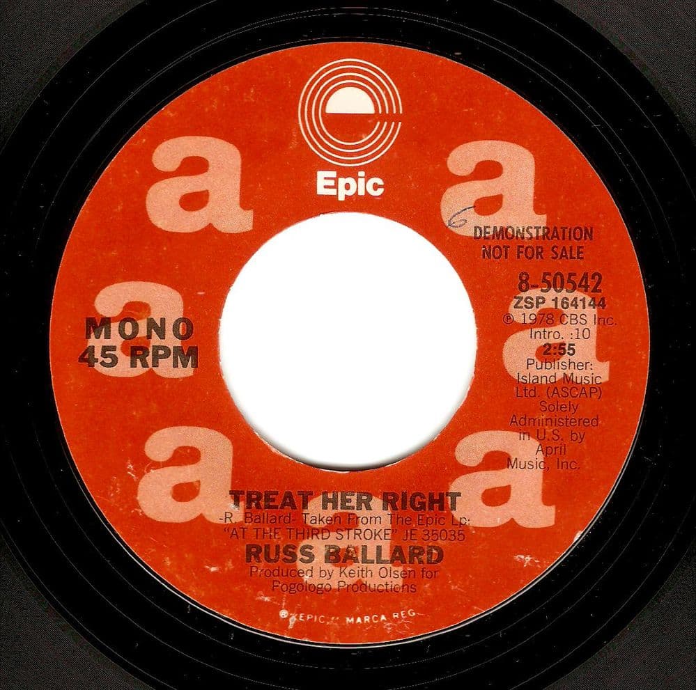 RUSS BALLARD Treat Her Right Vinyl Record 7 Inch US Epic 1978 Demo