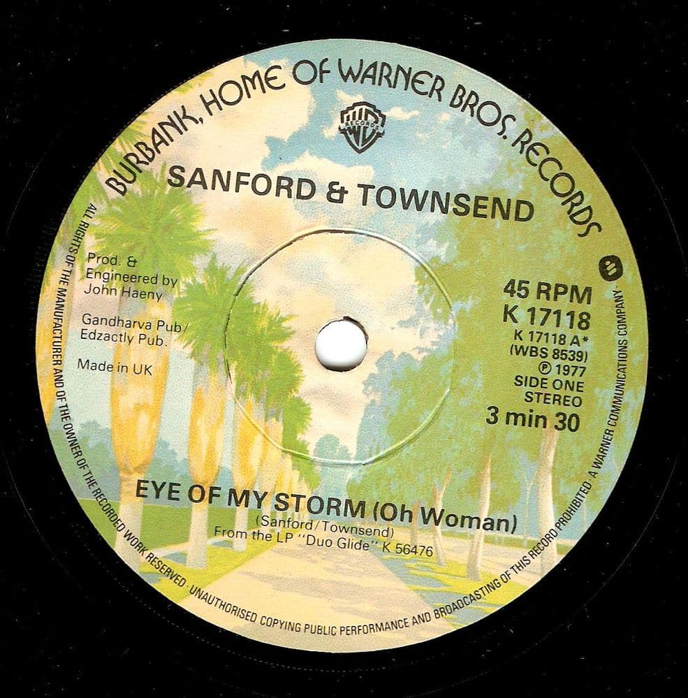 SANFORD AND TOWNSEND Eye Of My Storm Vinyl Record 7 Inch Warner Bros. 1977