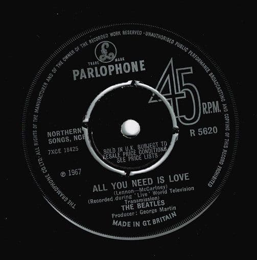 THE BEATLES All You Need Is Love Vinyl Record 7 Inch Parlophone 1967.