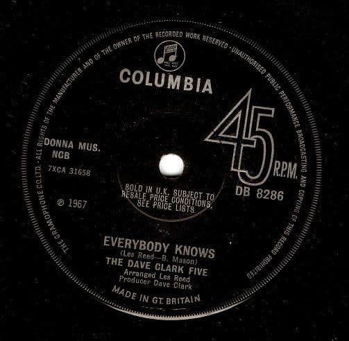 THE DAVE CLARK FIVE Everybody Knows Vinyl Record 7 Inch Columbia 1967