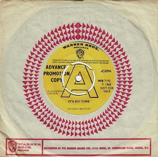 THE EVERLY BROTHERS It's My Time Vinyl Record 7 Inch Warner Bros. 1968 Promo