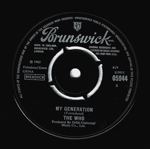 THE WHO My Generation Vinyl Record 7 Inch Brunswick 1965.