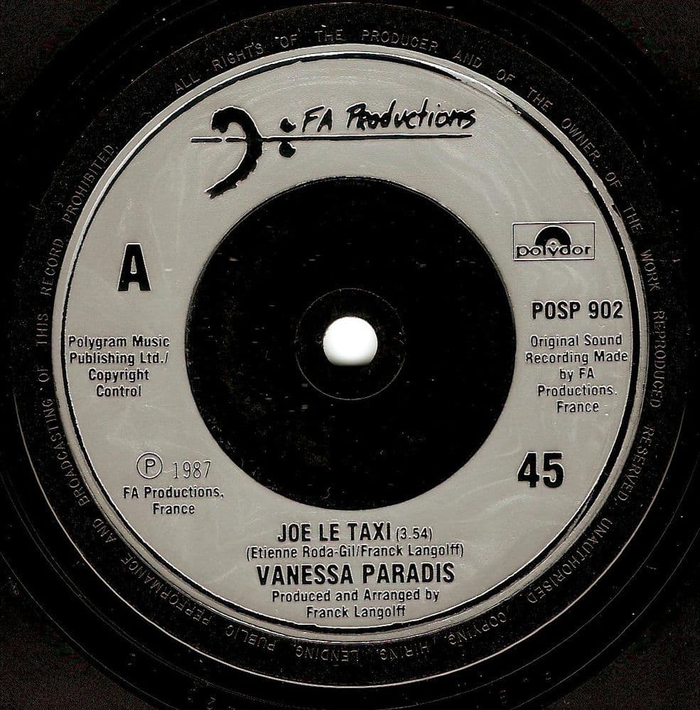 VANESSA PARADIS Joe Le Taxi Vinyl Record 7 Inch FA Productions 1988