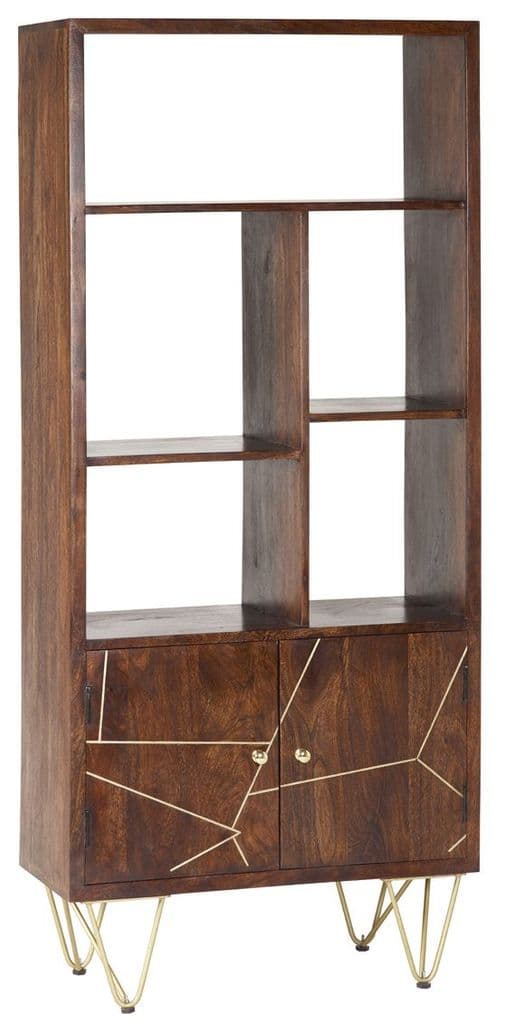 Brecon Dark Mango Wood Large 2 Door Bookcase | Solid mango wood tall 2 door, 5 shelf bookcase with metal inlays and hairpin legs.