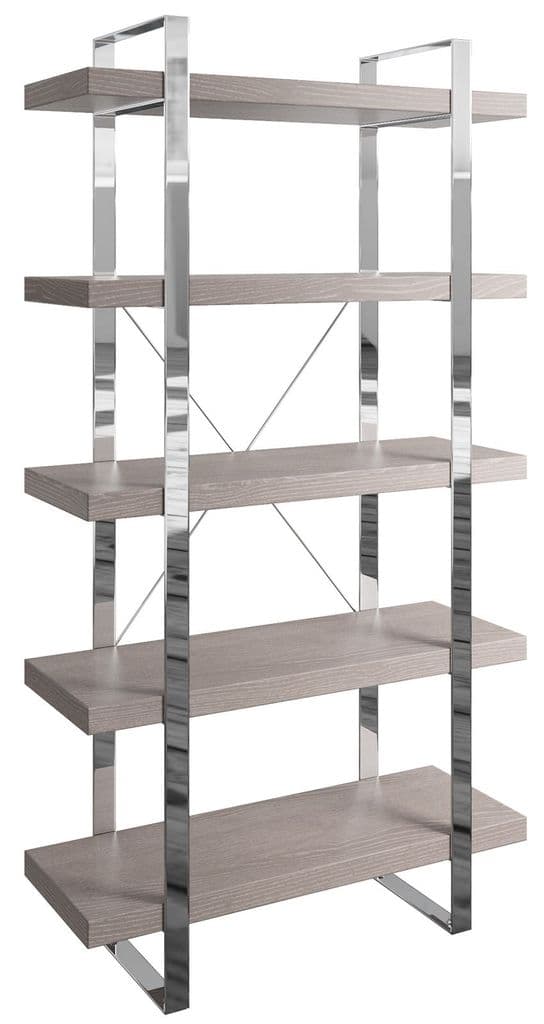 Idaho Large Open Bookcase with Five Shelves in Silver Oak and Chrome