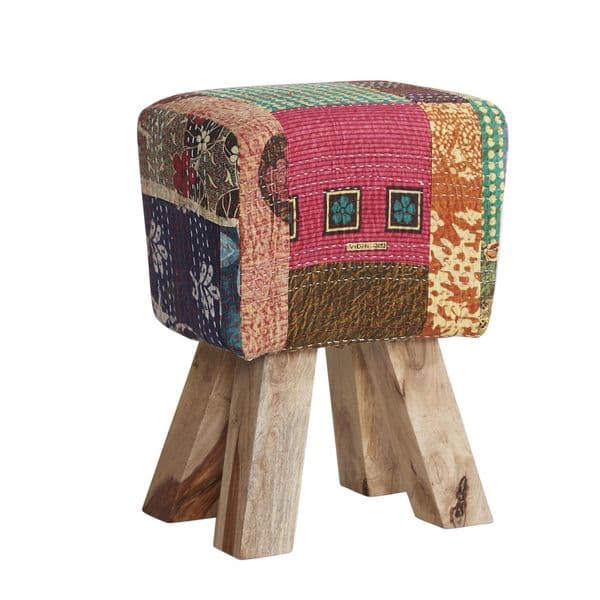 Multi Coloured Footstool | Textured fabric footstool with wooden legs.