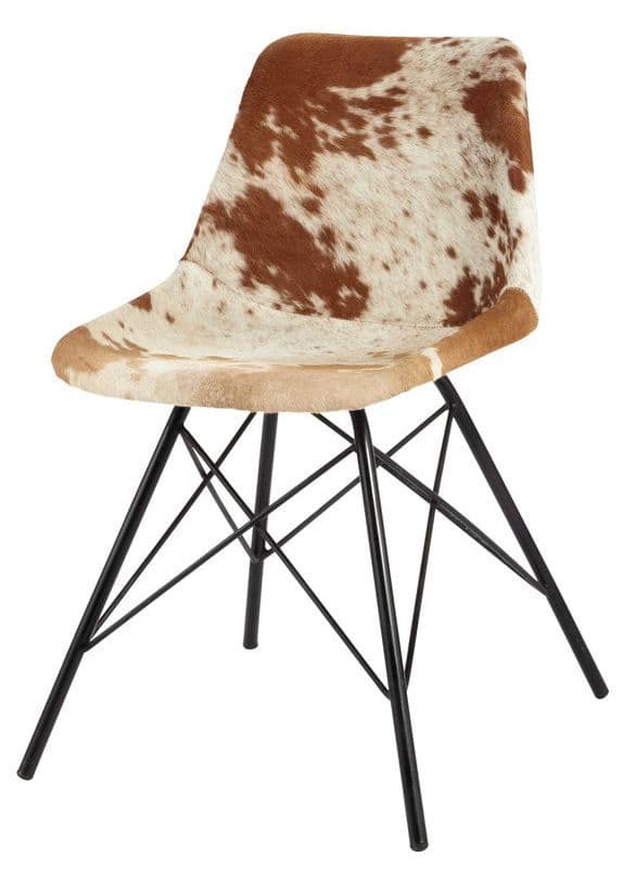 Pair of Cowhide Dining Chairs with Leather Backs and Metal Legs