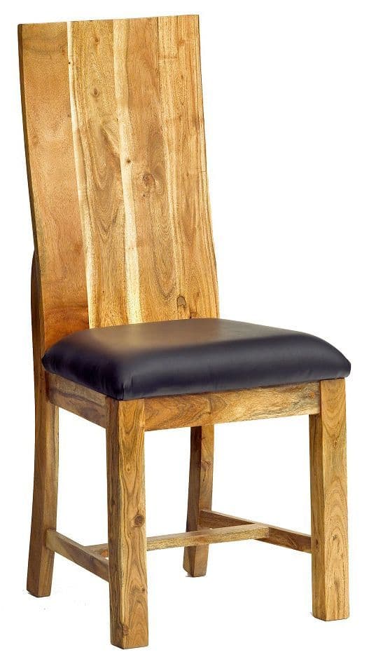 Pair of High Wooden Back Solid Acacia Dining Chairs with Padded Seats