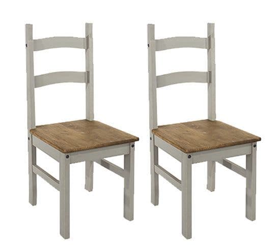 Pair of Grey Wash Corona Pine Chairs | Solid Pine Grey Wash Dining Chairs | Ladderback Grey Chairs