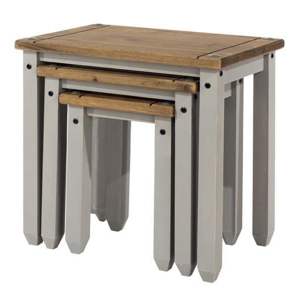 Premium Corona Grey Wash Nest Of Three Tables with Natural Pine Tops