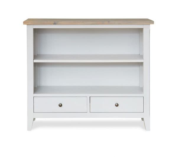 Signature Low BookcaseLow wide grey bookcase with two shelves and two storage drawers.