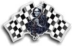 DEATH The Grim Reaper Design With Pair of Chequred Racing  Flag s Motif  Vinyl Car Sticker 130x80mm