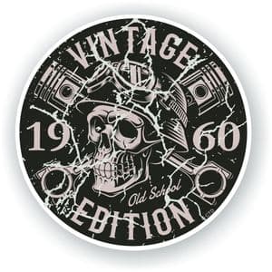 Distressed Aged Vintage Edition Year Dated 1960 Biker Skull Roundel Vinyl Car Sticker Decal 87x87mm