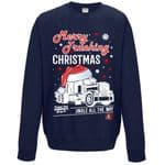 Funny Premium Christmas Santa Hat Merry Trucking Christmas Lorry Driver Mens Navy Xmas Jumper Top