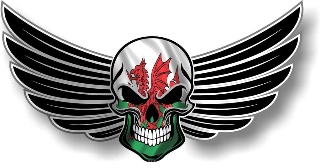 Gothic Biker Style Emo Skull With Welsh Dragon Wales CYMRU Country Flag Motif External Vinyl Car Sticker Decal Choose Size