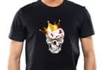 King Of Skulls Skull Design Wearing A Crown With RED & YELLOW Evil Eyes & Blood Splatter Motif mens or ladyfit t-shirt tshirt top