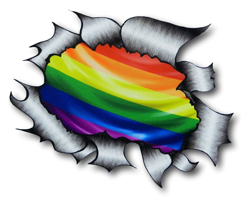 large ripped torn metal design with gay pride lgbt rainbow