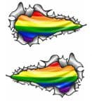 Long Pair Ripped Torn Metal Design With Gay Pride LBGT Rainbow Flag Motif External Vinyl Car Sticker 120x70mm each