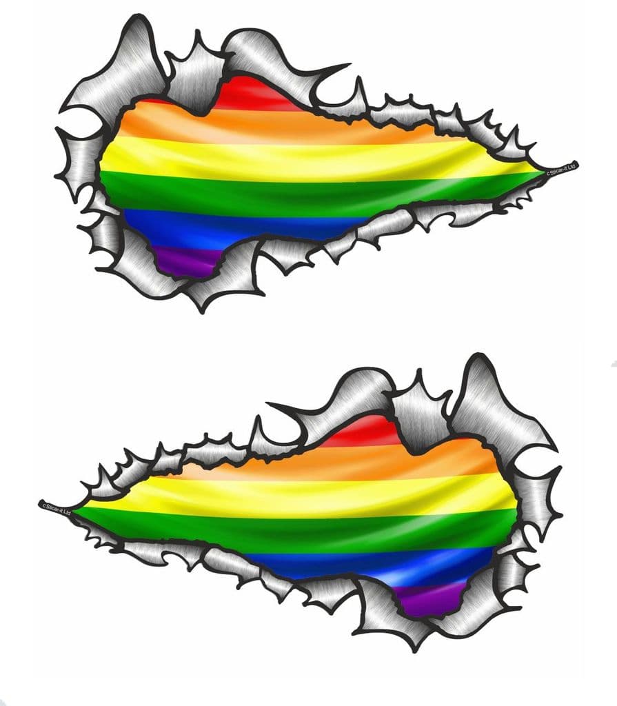 Long Pair Ripped Torn Metal Design With Lgbt Gay Pride Rainbow Flag Motif External Vinyl Car