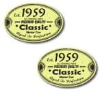 PAIR Distressed Aged Established 1959 Aged To Perfection Oval Design Vinyl Car Sticker 70x45mm Each