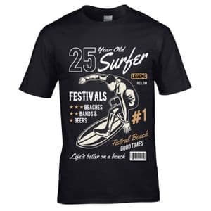 Premium 25 Year Old Surfer Beach Surfboard Motif For 25th Birthday gift men's Black t-shirt top