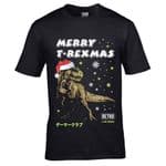 Premium Funny Merry T-Rexmas Christmas T-rex Dinosaur Dino with Santa Hat Motif Men's Black T-shirt