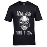 Premium Retro Gamer Till I Die Gothic Skull and controller Design Black t-shirt Gift