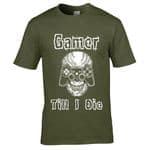 Premium Retro Gamer Till I Die Gothic Skull and controller Design Khaki t-shirt Gift