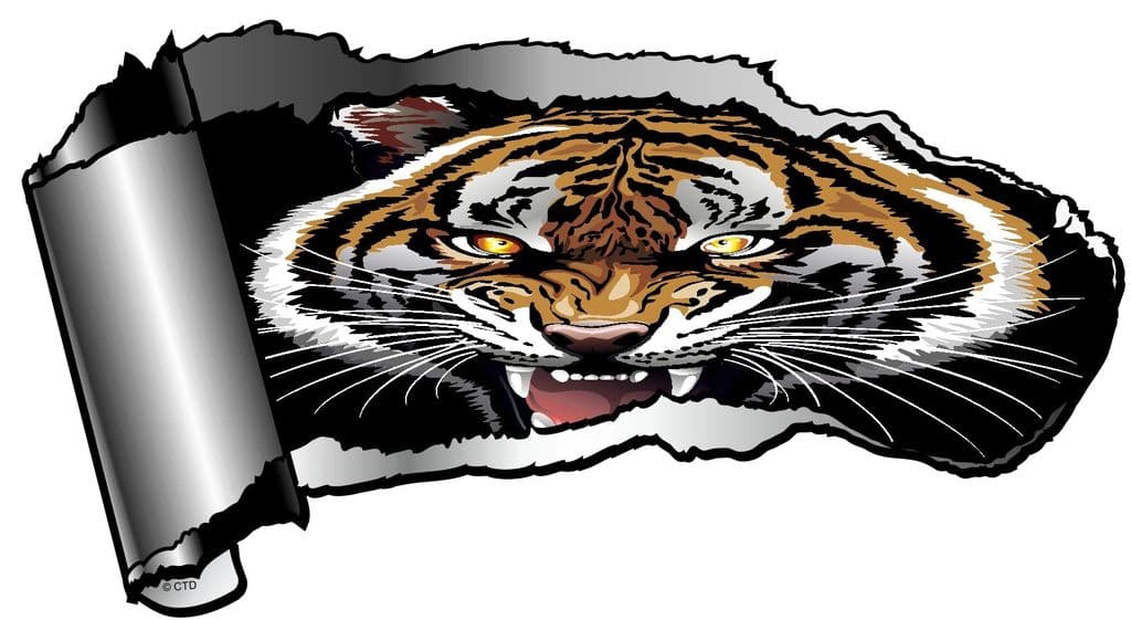 Ripped Open Gash Torn Metal Design With Beautiful Bengal Tiger Motif Vinyl Car Sticker 140x75mm