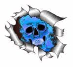 Ripped Torn Metal Design With Blue Flaming Skull Motif External Vinyl Car Sticker 105x130mm