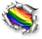 Ripped Torn Metal Design With Gay Pride LGBT Rainbow Flag Motif External Vinyl Car Sticker 105x130mm