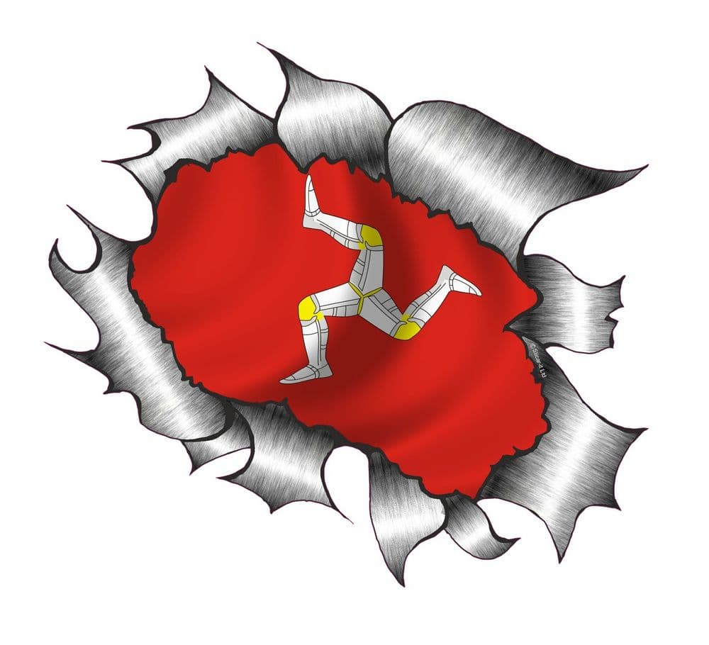 Ripped Torn Metal Design With Isle Of Man Mann Manx Flag Motif External Vinyl Car Sticker 105x130mm